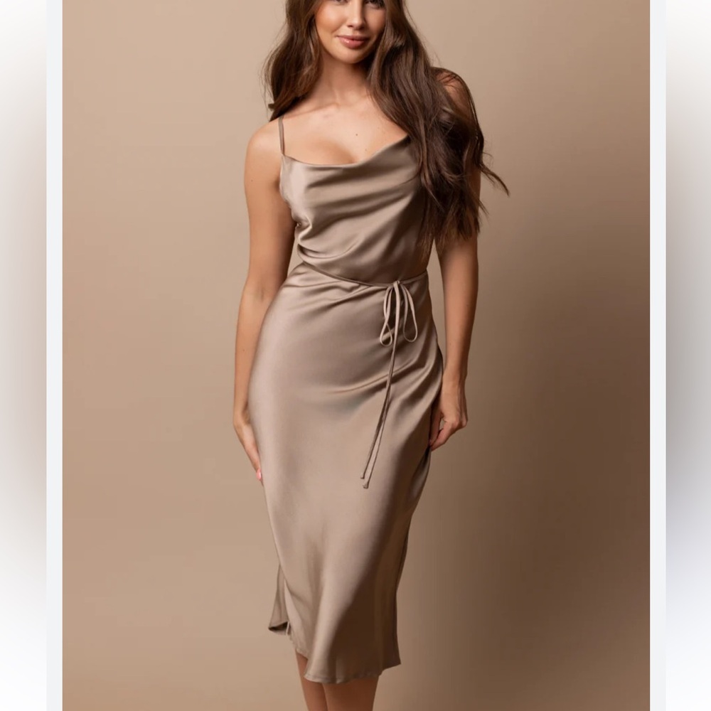 Satin Cowl Neck Midi Dress in Taupe